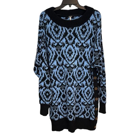 Free People Blue Black Winter Skies Print Tunic Dress Oversized Sweater Size M - Picture 7 of 13